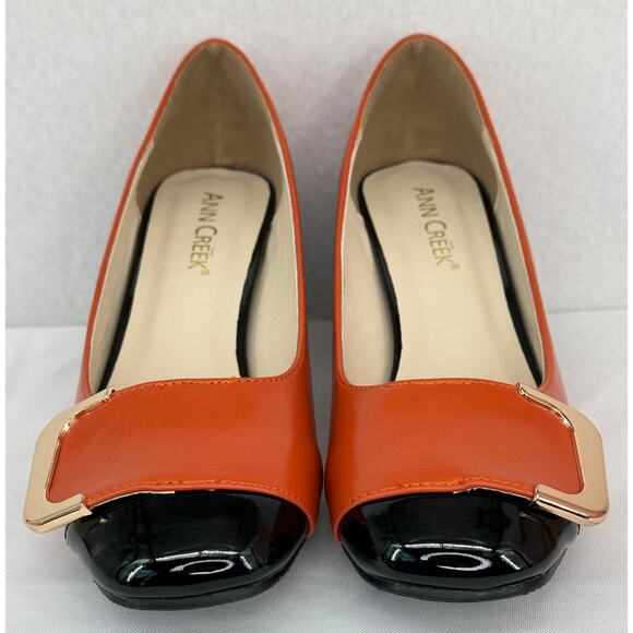 Ann Creek NWOT Angela Orange Black Square Toe Chunky Heel Pumps 7M - Picture 6 of 8